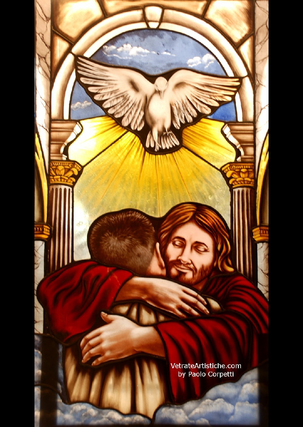vetrata per cappella abbraccio di Cristo